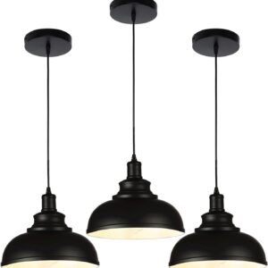 Black Dome Metal Pendant Lights - Hanging Ceiling Fixture for Industrial, Farmhouse Kitchen Island, Dining Room, Foyer (3 pack)