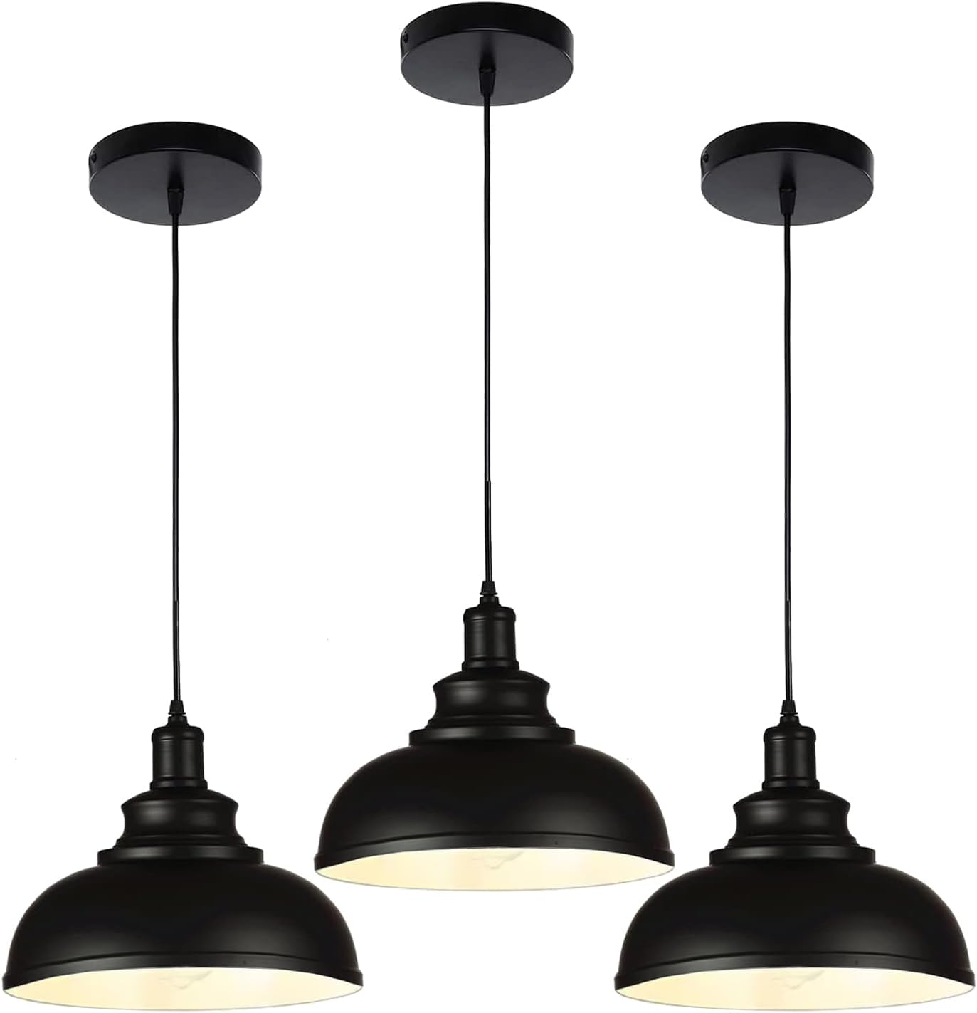 Black Dome Metal Pendant Lights - Hanging Ceiling Fixture for Industrial, Farmhouse Kitchen Island, Dining Room, Foyer (3 pack)