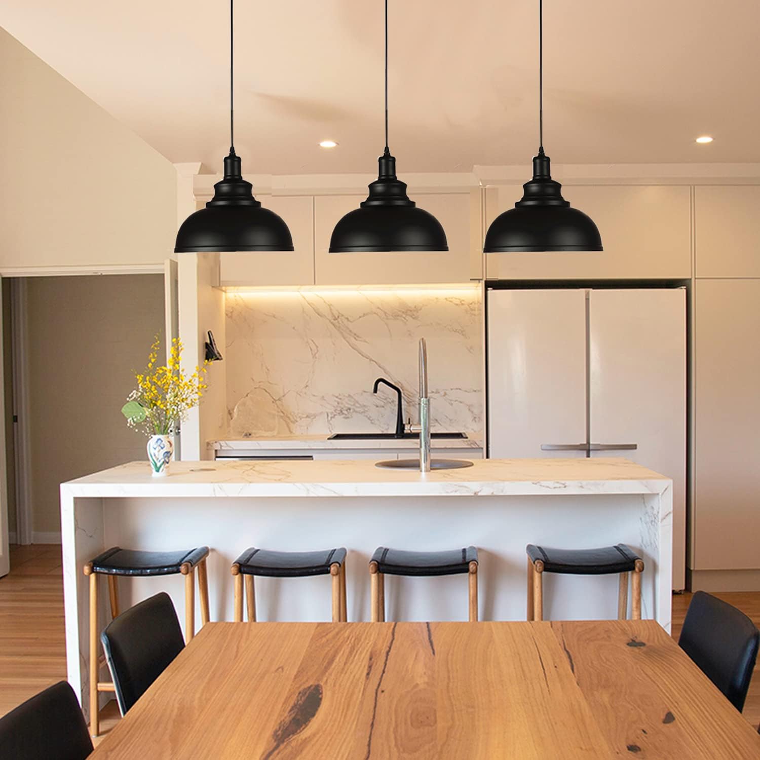Black Dome Metal Pendant Lights - Hanging Ceiling Fixture for Industrial, Farmhouse Kitchen Island, Dining Room, Foyer (3 pack) - Image 2