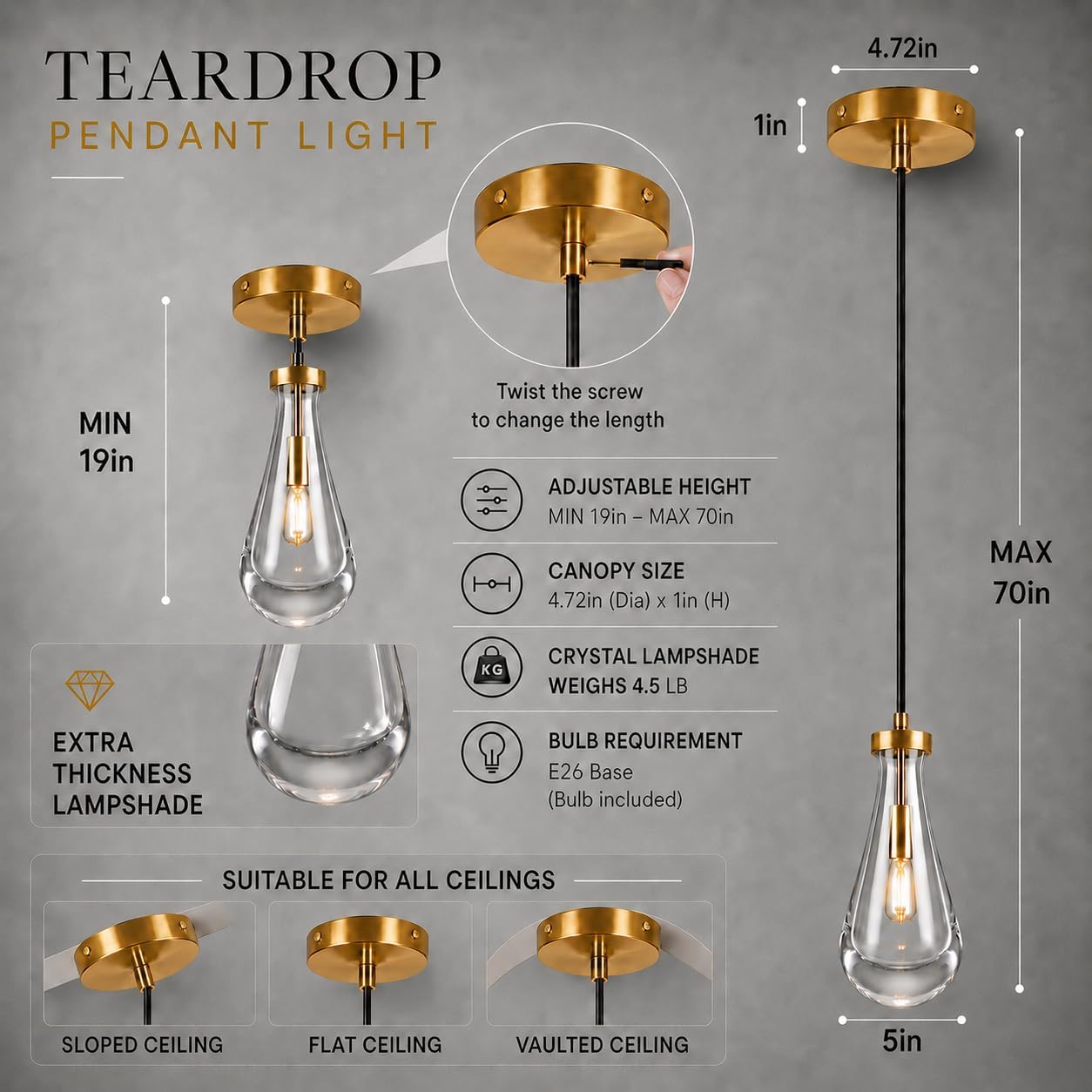 Modern Gold Teardrop Pendant Light - Crystal Raindrop Dimmable Chandelier - Image 2