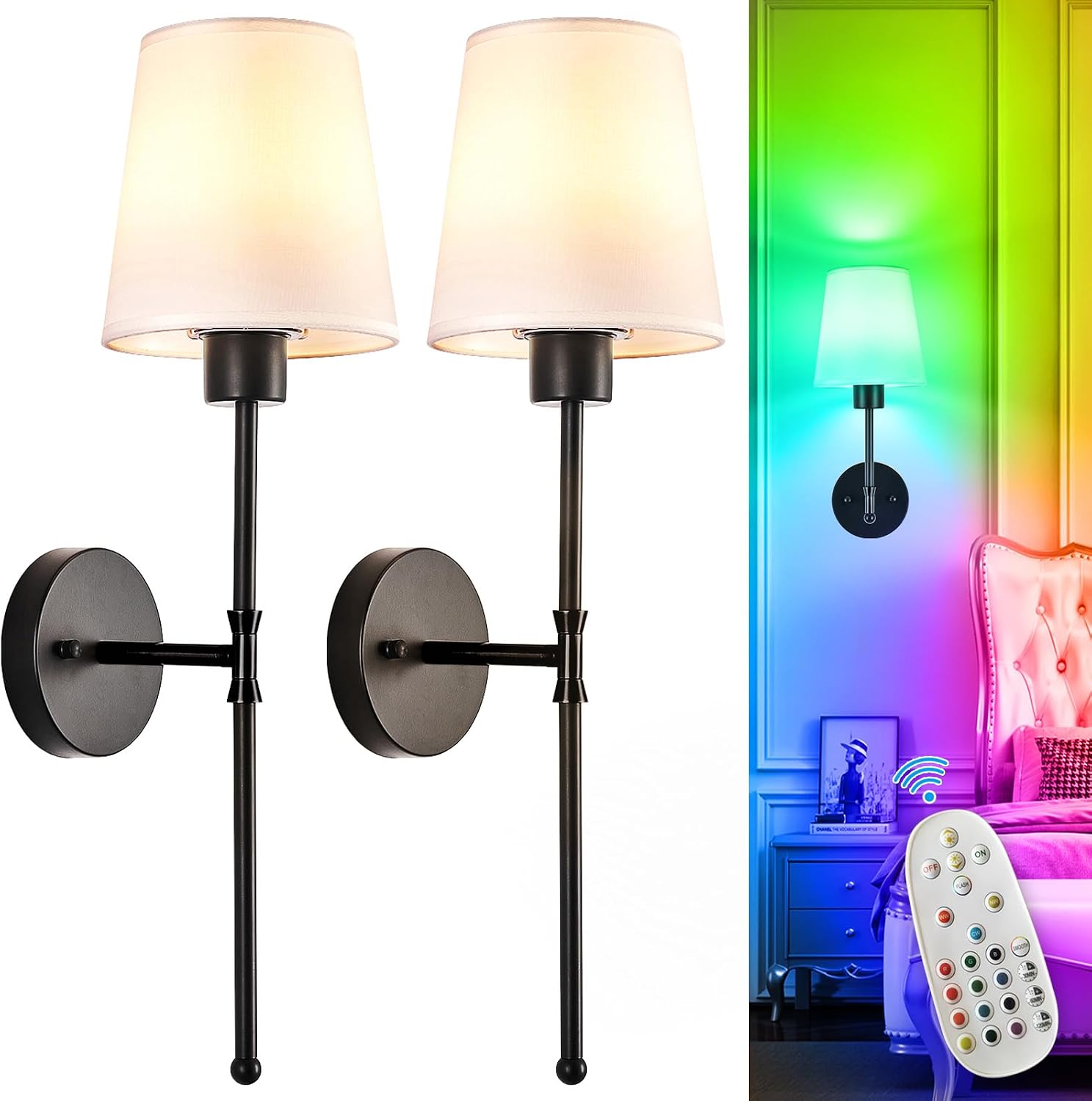 Depuley Battery Operated Wall Sconce: Set of 2 Wireless Wall Lights with Remote for Bedroom - Black Rechargeable 15 Colors RGB Halloween Wall Lamp for Living Room Hallway