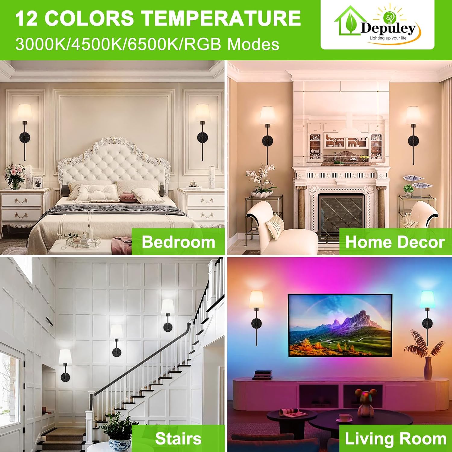 Depuley Battery Operated Wall Sconce: Set of 2 Wireless Wall Lights with Remote for Bedroom - Black Rechargeable 15 Colors RGB Halloween Wall Lamp for Living Room Hallway - Image 2