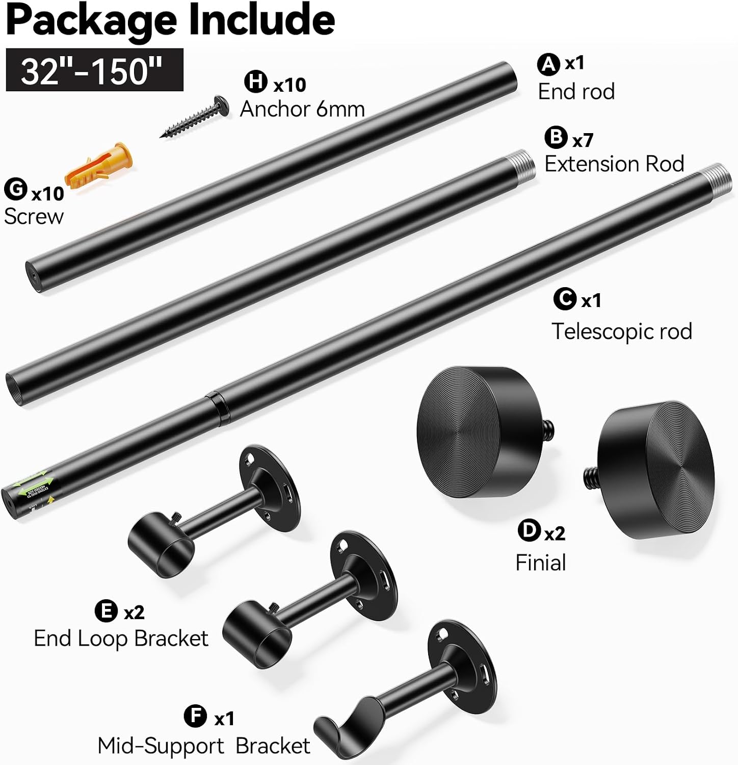 YaFex Heavy Duty Curtain Rods 32-150 Inch, 1 Inch Adjustable Black Curtain Rod for Windows, Extra Long Window Treatment Rods with Aluminium Finials, Easy Installation - Image 7